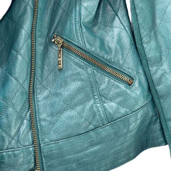 Iman Teal Leather Asymmetrical Moto Jacket XS Zipper Pockets Womens Size Small - Picture 10 of 13